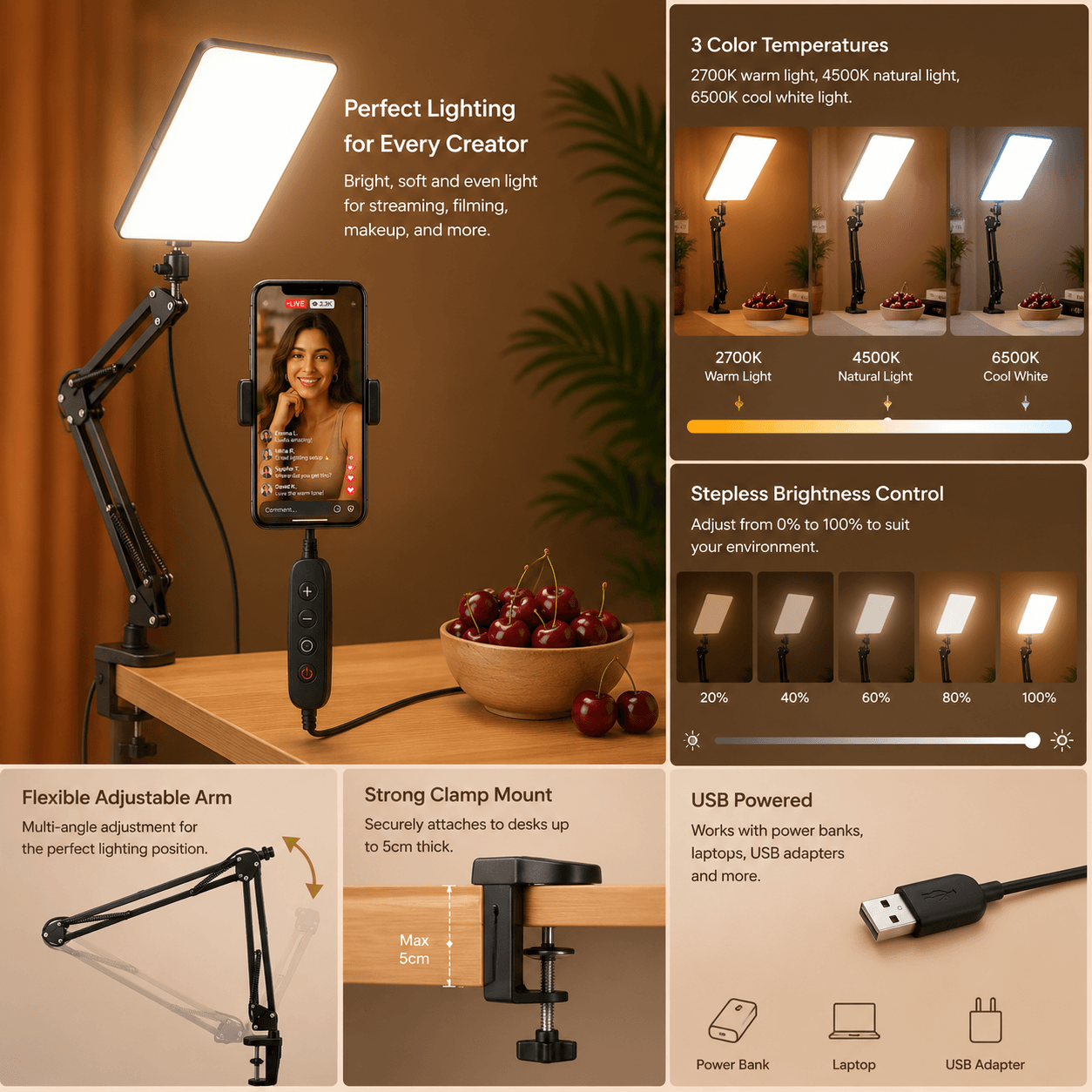 GimbalEra LumiPanel Clamp Mount Light adjustable brightness and mounting features
