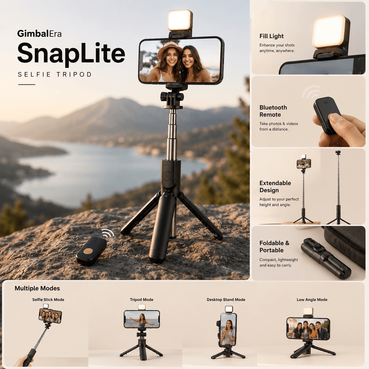GimbalEra SnapLite Selfie Tripod Features &amp; Accessories
