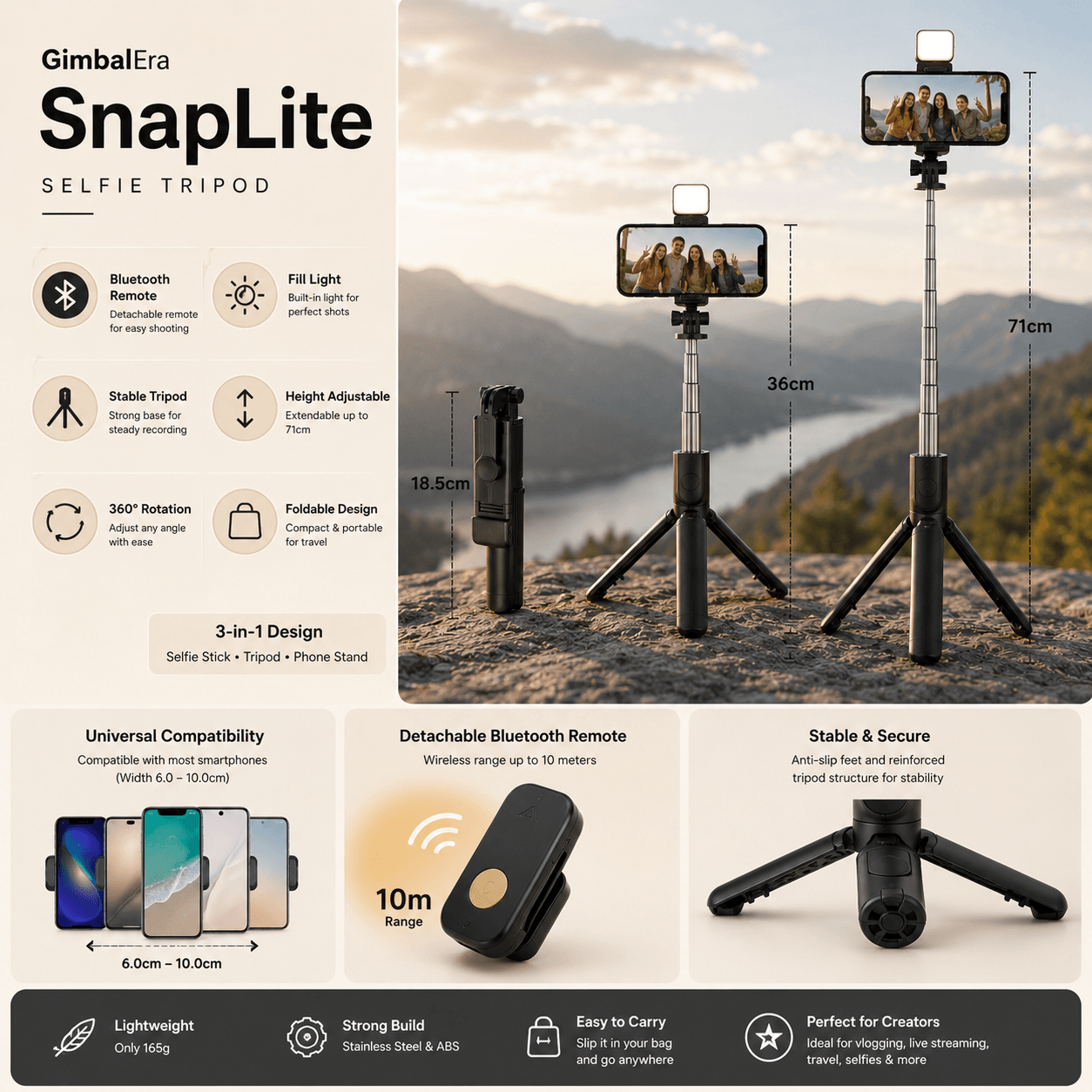 GimbalEra SnapLite Selfie Tripod Specifications &amp; Creator Features