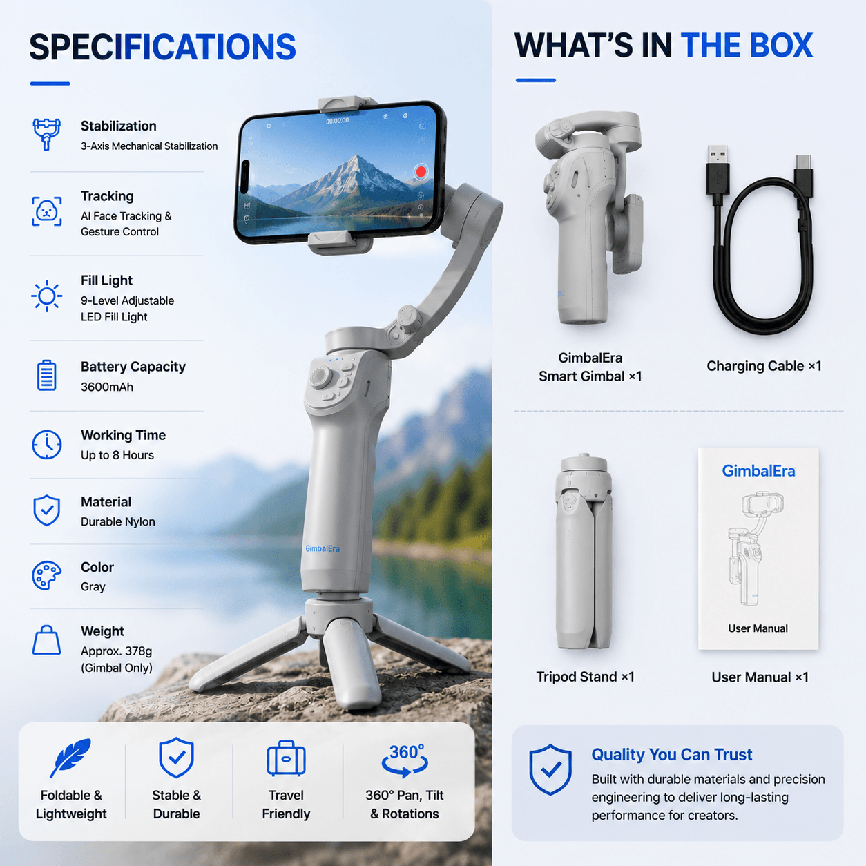 GimbalEra Smart Stabilizing Gimbal specifications and creator accessories display