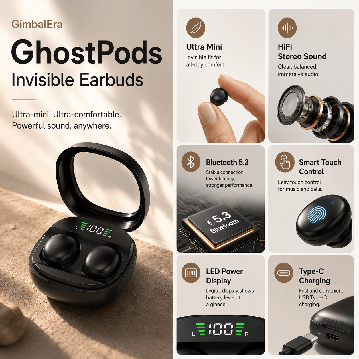 GimbalEra GhostPods Invisible Earbuds features and specifications overview