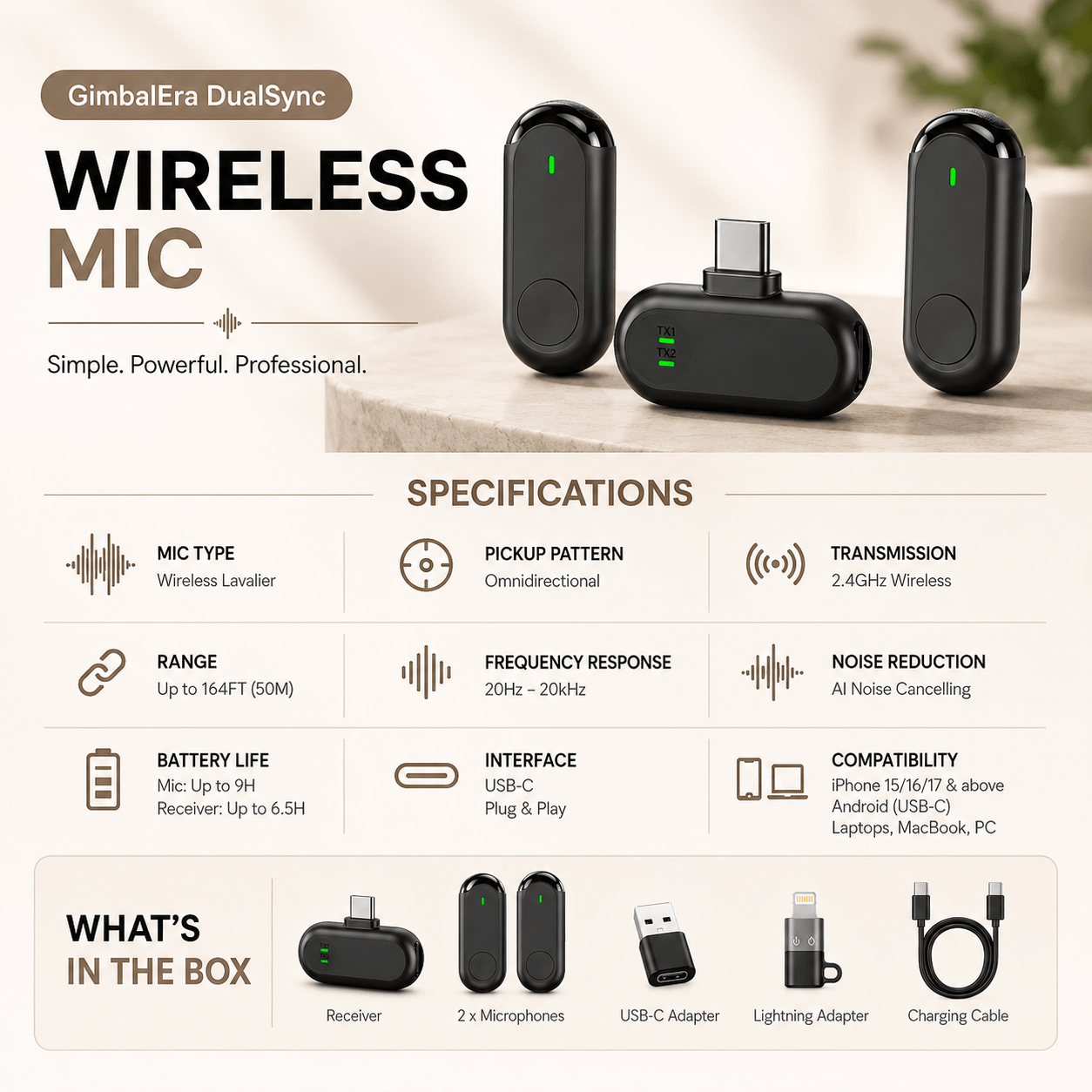 GimbalEra DualSync Wireless Lavalier Mic wireless audio system specifications display