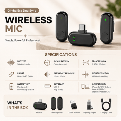 GimbalEra DualSync Wireless Lavalier Mic wireless audio system specifications display