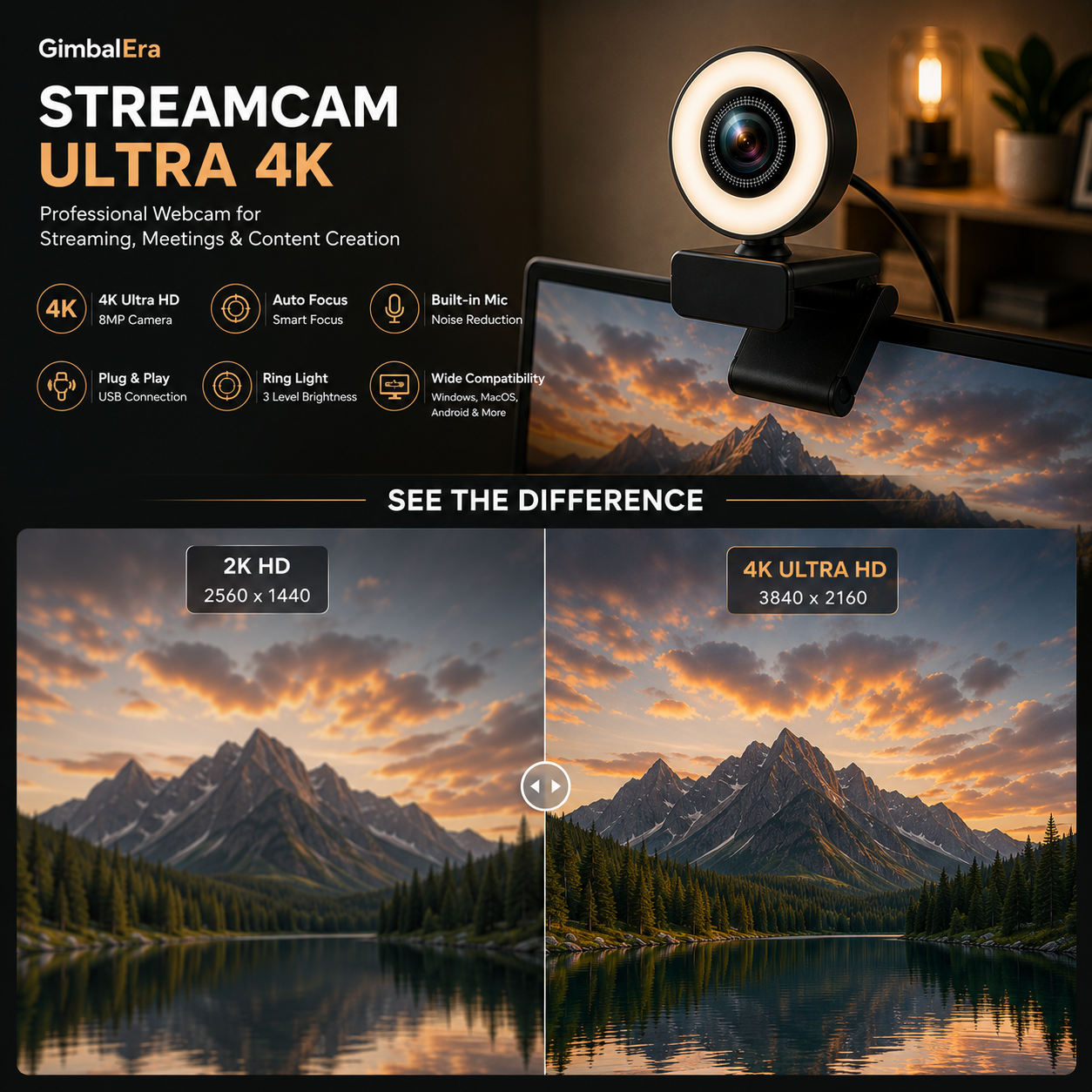 GimbalEra StreamCam Ultra 4K Webcam cinematic streaming and gaming desk showcase