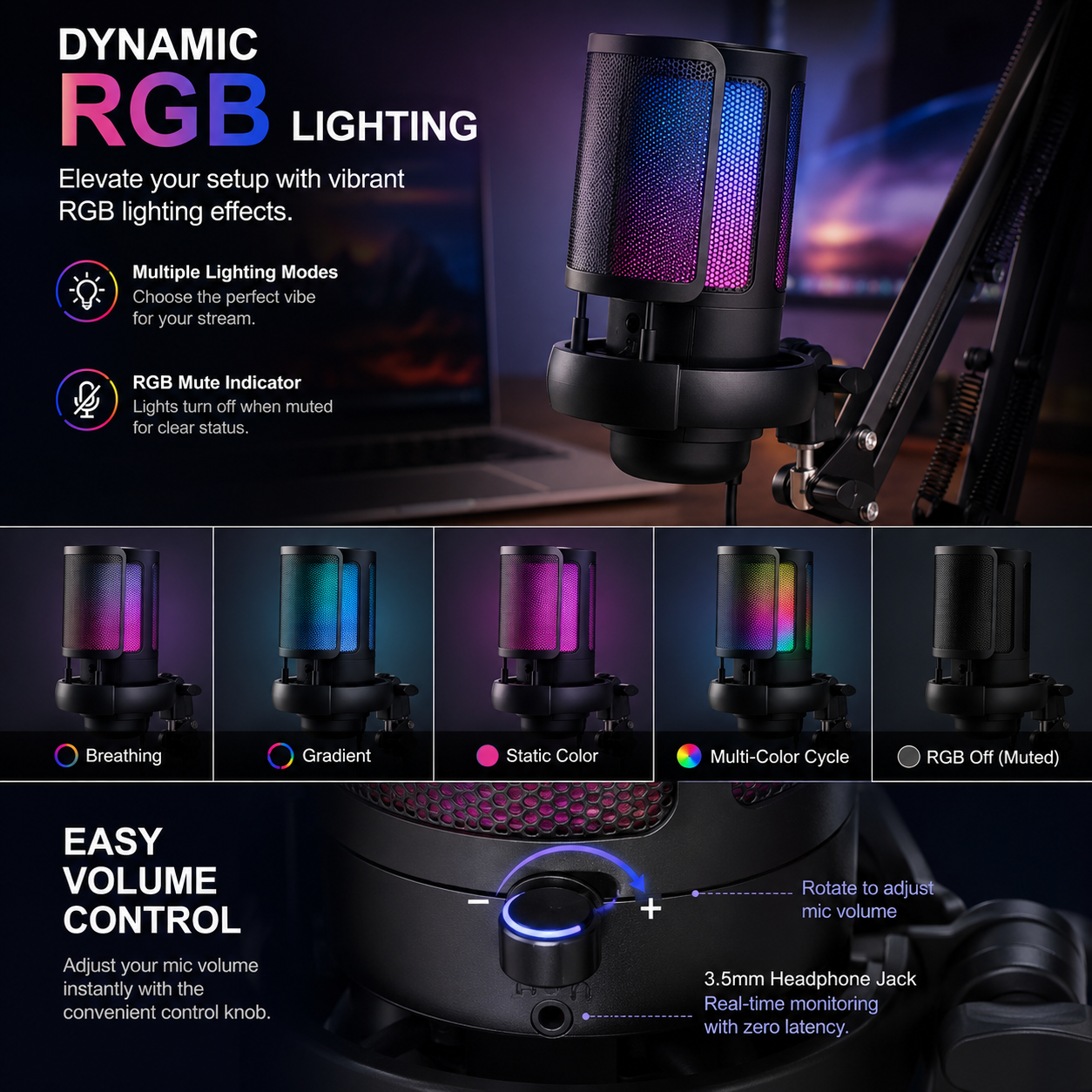 GimbalEra RGBWave Streaming Microphone RGB Controls &amp; Streaming Features
