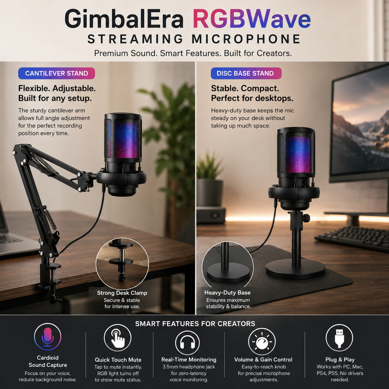 GimbalEra RGBWave Streaming Microphone Creator Desk Setup